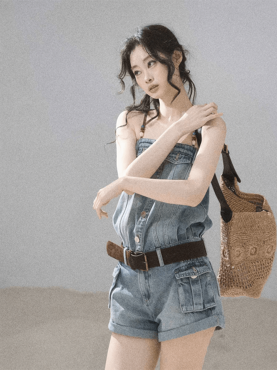 aomalm 덜 또한 눈 이동 해변가 걷기 아메리칸 데님 점프 슈트 여름 원피스 반바지 워크웨어 점프 슈트 바지 이미지 3