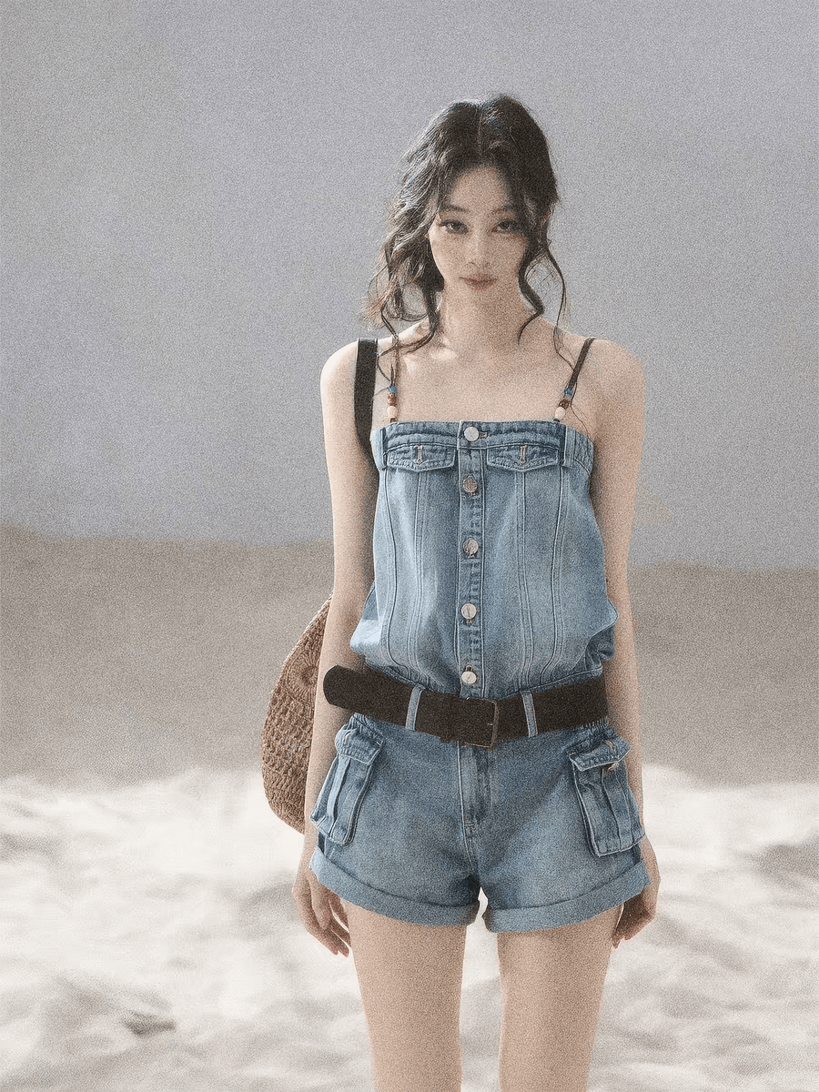 aomalm 덜 또한 눈 이동 해변가 걷기 아메리칸 데님 점프 슈트 여름 원피스 반바지 워크웨어 점프 슈트 바지 이미지 3