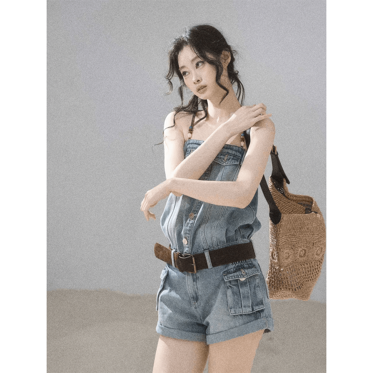 aomalm 덜 또한 눈 이동 해변가 걷기 아메리칸 데님 점프 슈트 여름 원피스 반바지 워크웨어 점프 슈트 바지 이미지 5