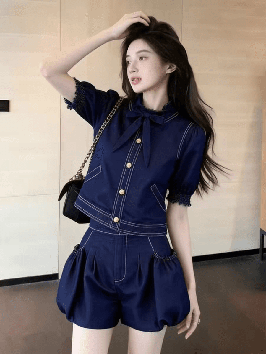 한 부서 chic 데님 세트 여성 2026 여름 새로운 작은 키 외국 가스 나비 매듭 맨위 반바지 투피스 세트 이미지 4