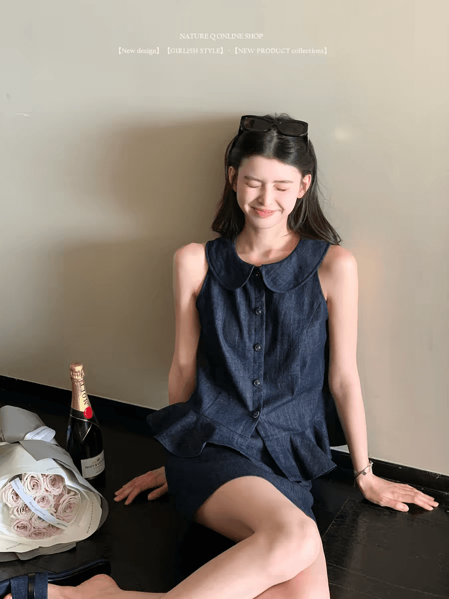 양 작은 볼륨 라이 경기 서울 주간 실크 아마 miu 부서 베이비 칼라 데님 세트 여름 프릴 맨위 베스트 셔츠 이미지 2