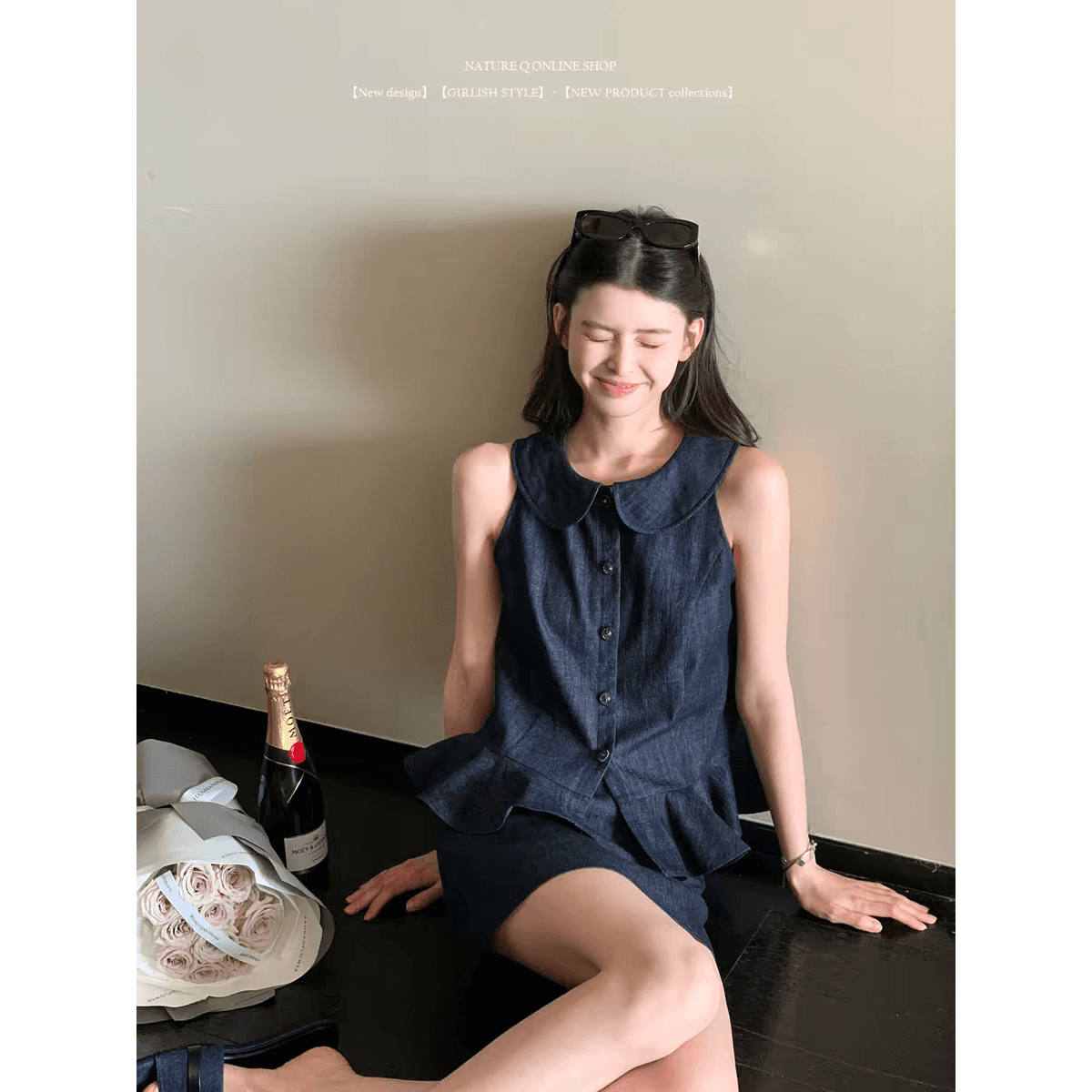 양 작은 볼륨 라이 경기 서울 주간 실크 아마 miu 부서 베이비 칼라 데님 세트 여름 프릴 맨위 베스트 셔츠 이미지 5