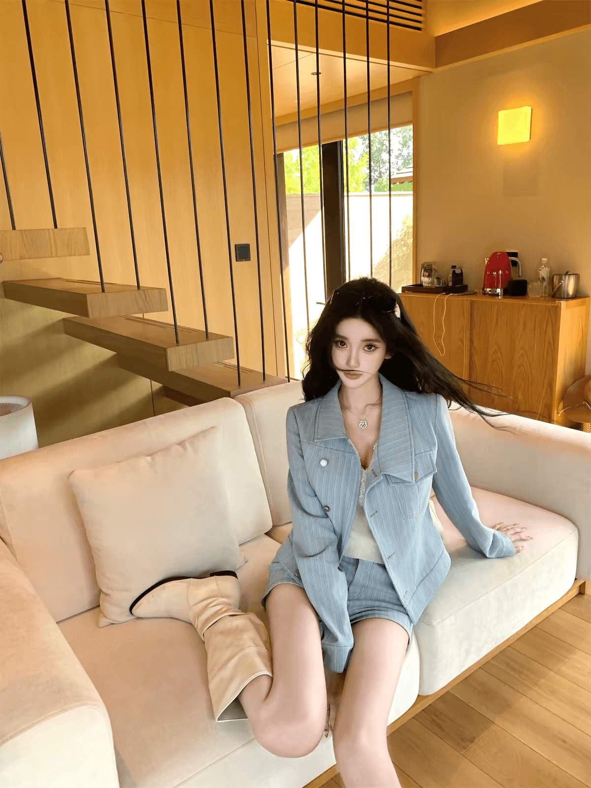 barb chill 지능 느슨함 2.0 酵素 데님 세트 여성 가을 짧은 외투 반바지 투피스 세트 이미지 2