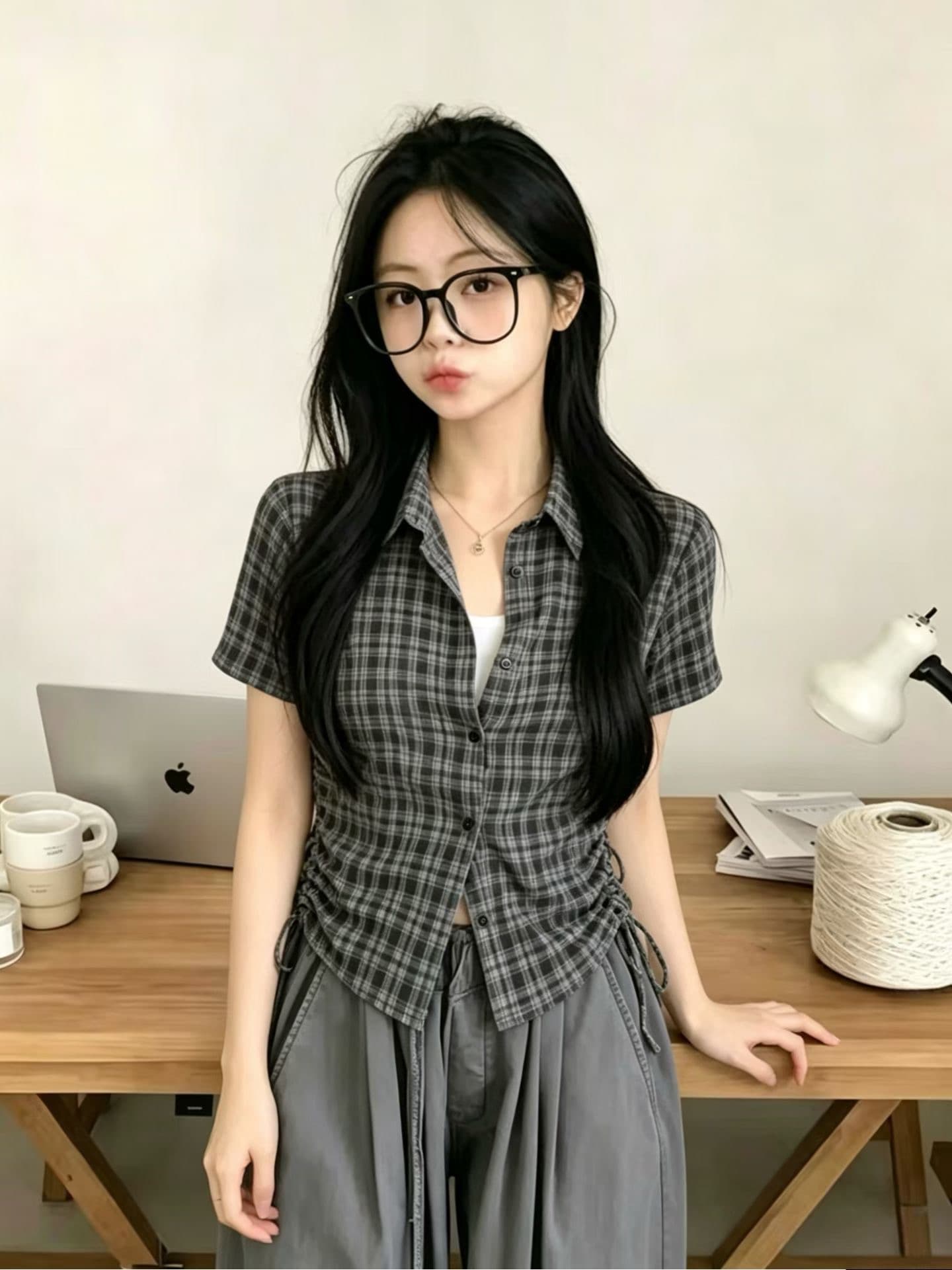 한 부서 체크무늬 반팔 여성 셔츠 여름 디자인 센스 펌프 로프 허리 수축 슬림해 보이는 쇼트 스타일 고유 한 슈퍼 잘 생긴 ~ 중 맨위 상세 이미지 3