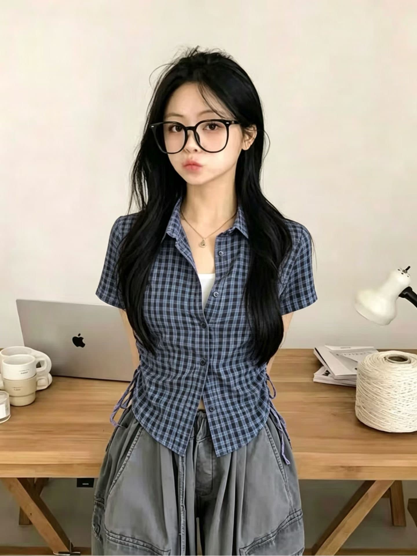 한 부서 체크무늬 반팔 여성 셔츠 여름 디자인 센스 펌프 로프 허리 수축 슬림해 보이는 쇼트 스타일 고유 한 슈퍼 잘 생긴 ~ 중 맨위 상세 이미지 5