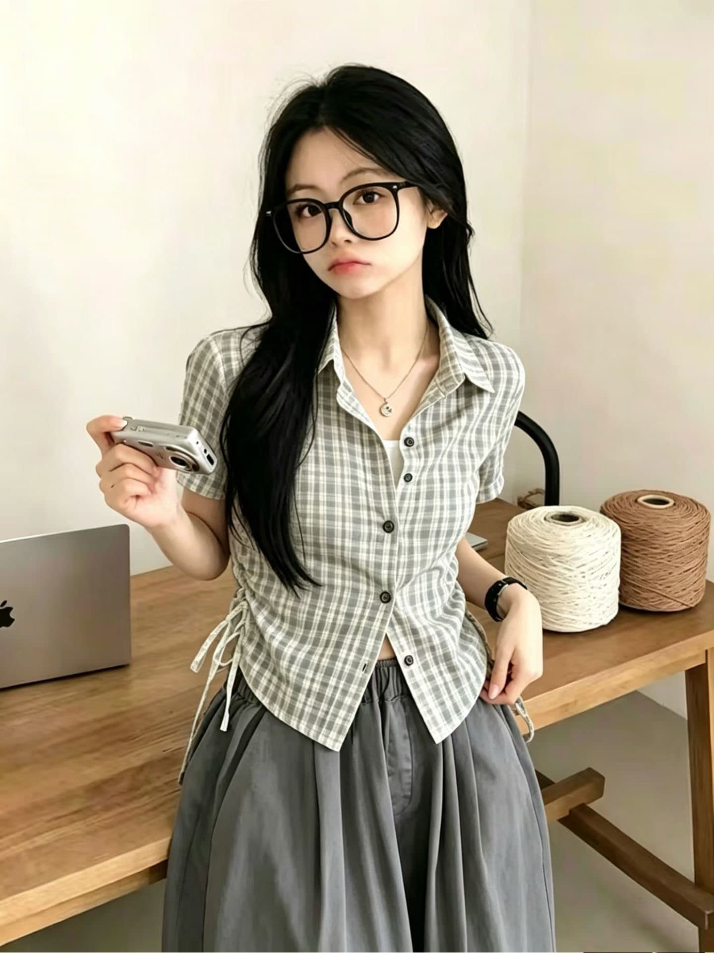 한 부서 체크무늬 반팔 여성 셔츠 여름 디자인 센스 펌프 로프 허리 수축 슬림해 보이는 쇼트 스타일 고유 한 슈퍼 잘 생긴 ~ 중 맨위 상세 이미지 7