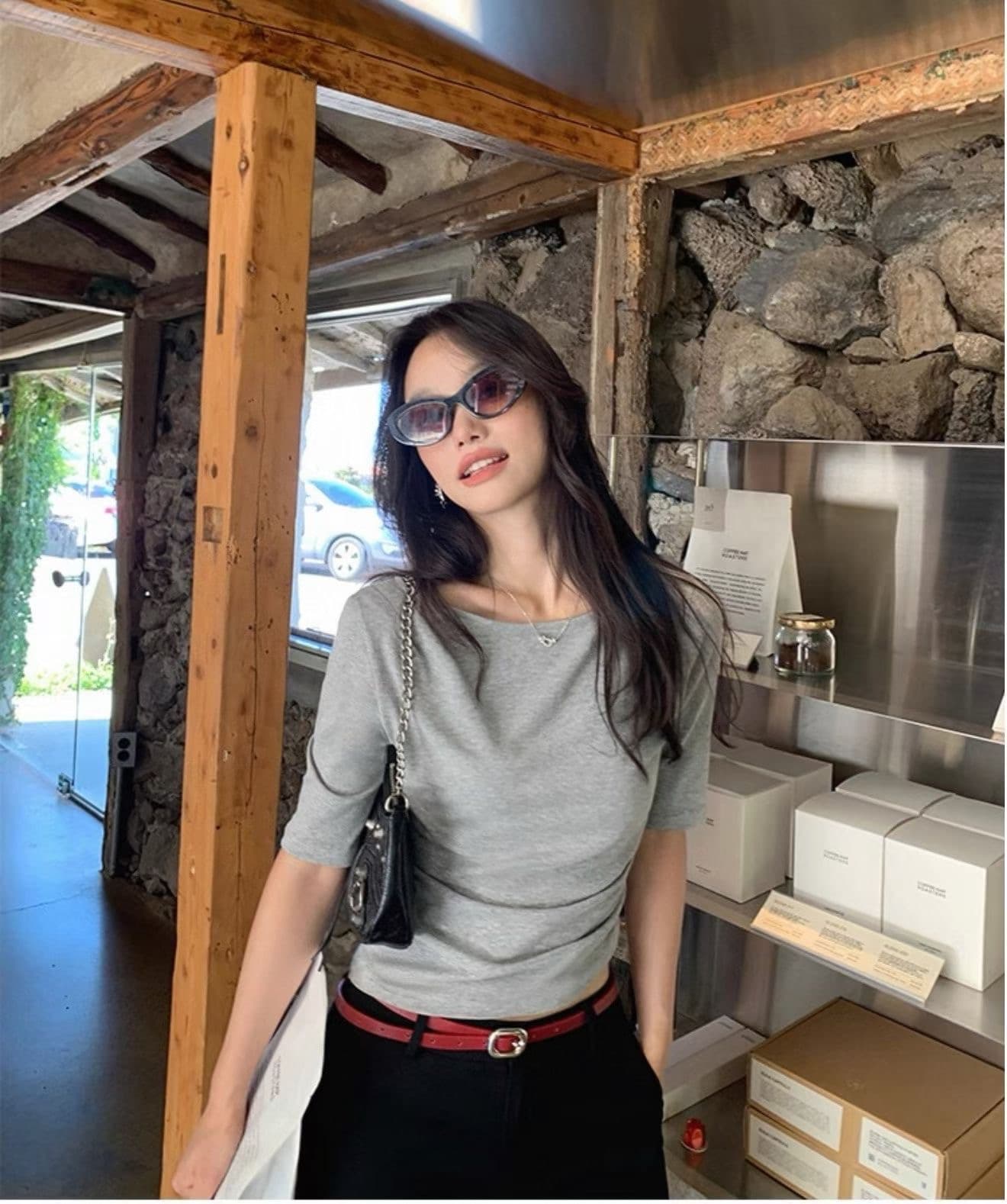 작은 대중 주름 중간 소매 티셔츠 한국 스타일 단색 여름 새로운 품격 높음 지혜 미니멀리즘 관대 한 출퇴근 디자인 센스