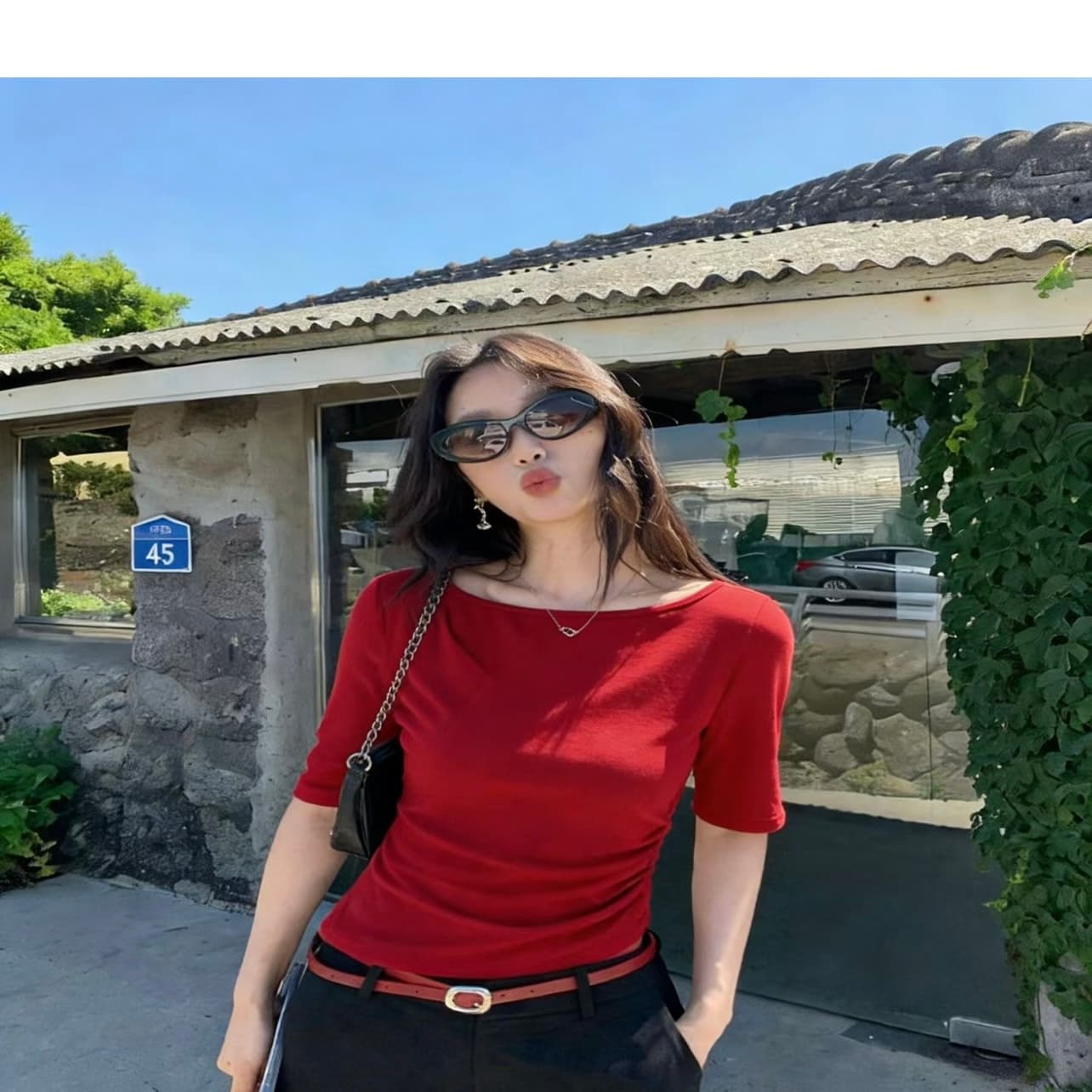 작은 대중 주름 중간 소매 티셔츠 한국 스타일 단색 여름 새로운 품격 높음 지혜 미니멀리즘 관대 한 출퇴근 디자인 센스 상세 이미지 1