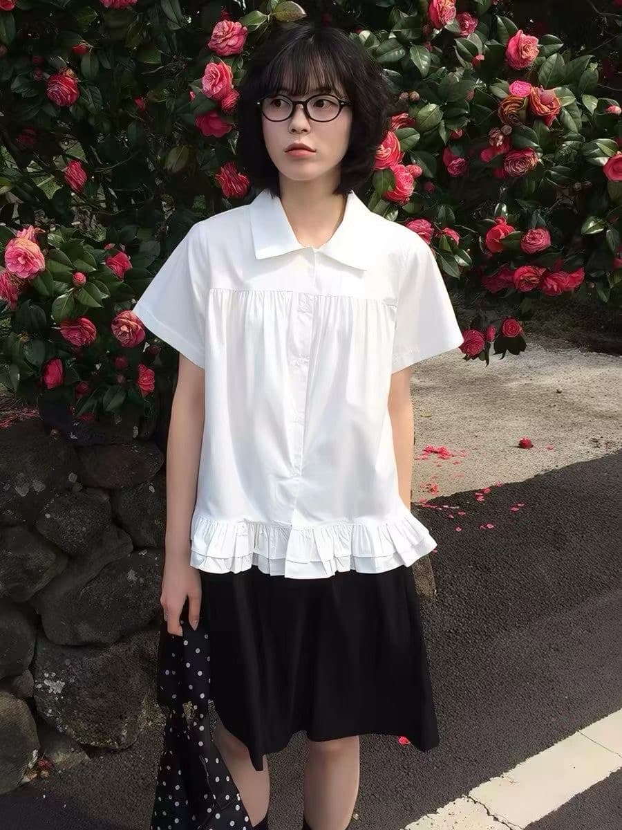 새로운 달콤함 반팔 맨위 인형 셔츠 달콤함 연령 감소 셔츠 여성 여름 검정색 주름 목이버섯 레이스 셔츠 상세 이미지 4