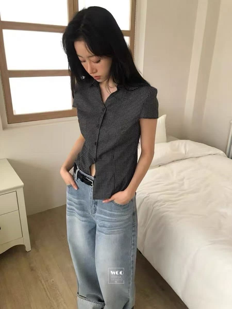 woo 한국 동대문 구매 폴로 칼라 체크무늬 작은 V넥 부서 버클 몸매 가꾸기 반팔 셔츠 셔츠 상세 이미지 3