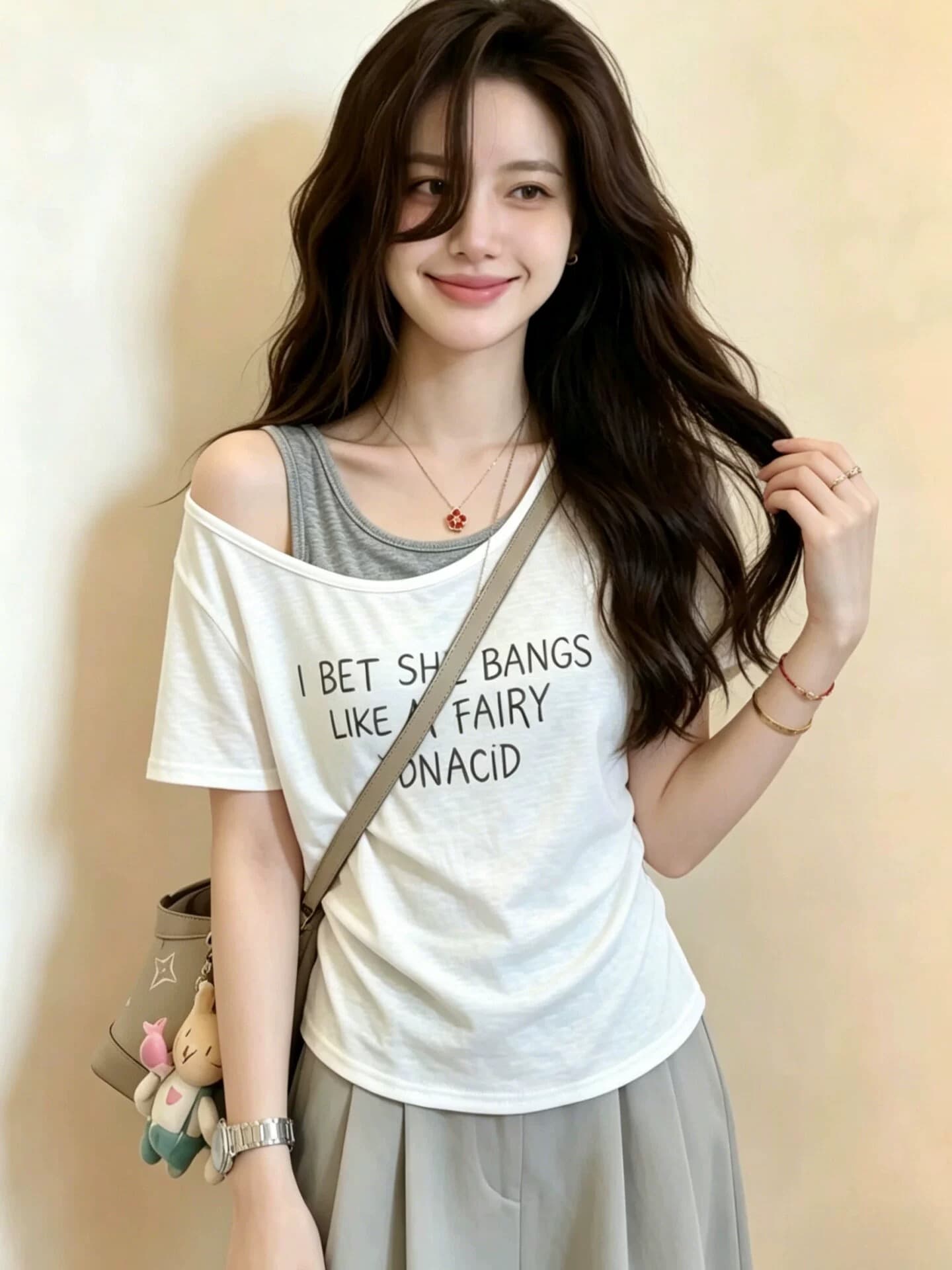 슈퍼 화재 연령 감소 오프숄더 페이크 레이어드 반팔 티셔츠 여성 의류 2026 새로운 여름 고유 한 아름다운 그레이트 봐. 의류 이미지 3