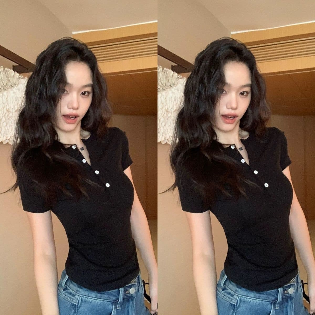 2026 여름 새로운 헨리 칼라 단추 반팔 티셔츠 여성 몸매 가꾸기 신축성 긍정적 인 어깨 동정 맨위 상세 이미지 2