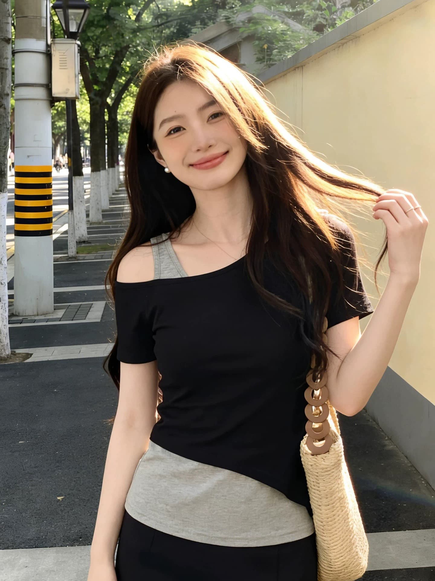 달콤한 차가운 바람 검정색 비스듬한 어깨 페이크 레이어드 반팔 티셔츠 여성 2026 새로운 여름 고유 한 아름다운 그레이트 봐. 의류 이미지 2
