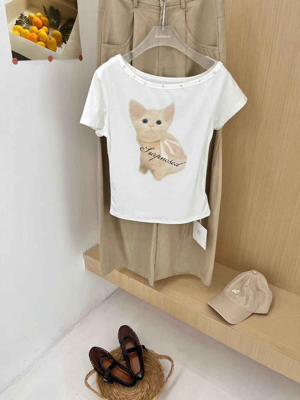고양이 오프숄더 티셔츠 반팔 여성 여름 풀오버 미니멀리즘 비스듬한 칼라 몸매 가꾸기 다용도 외국 가스 연령 감소 얇은 스타일 맨위 ins 상세 이미지 5