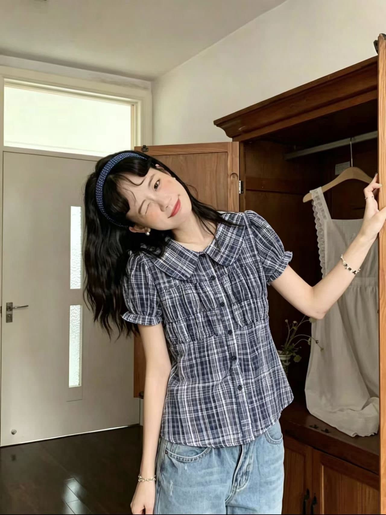 페페 홈 한 부서 폴로 칼라 거품 소매 도트 무늬 여성 셔츠 여름 디자인 센스 반팔 품격 슬림해 보이는 화이트 맨위 이미지 3
