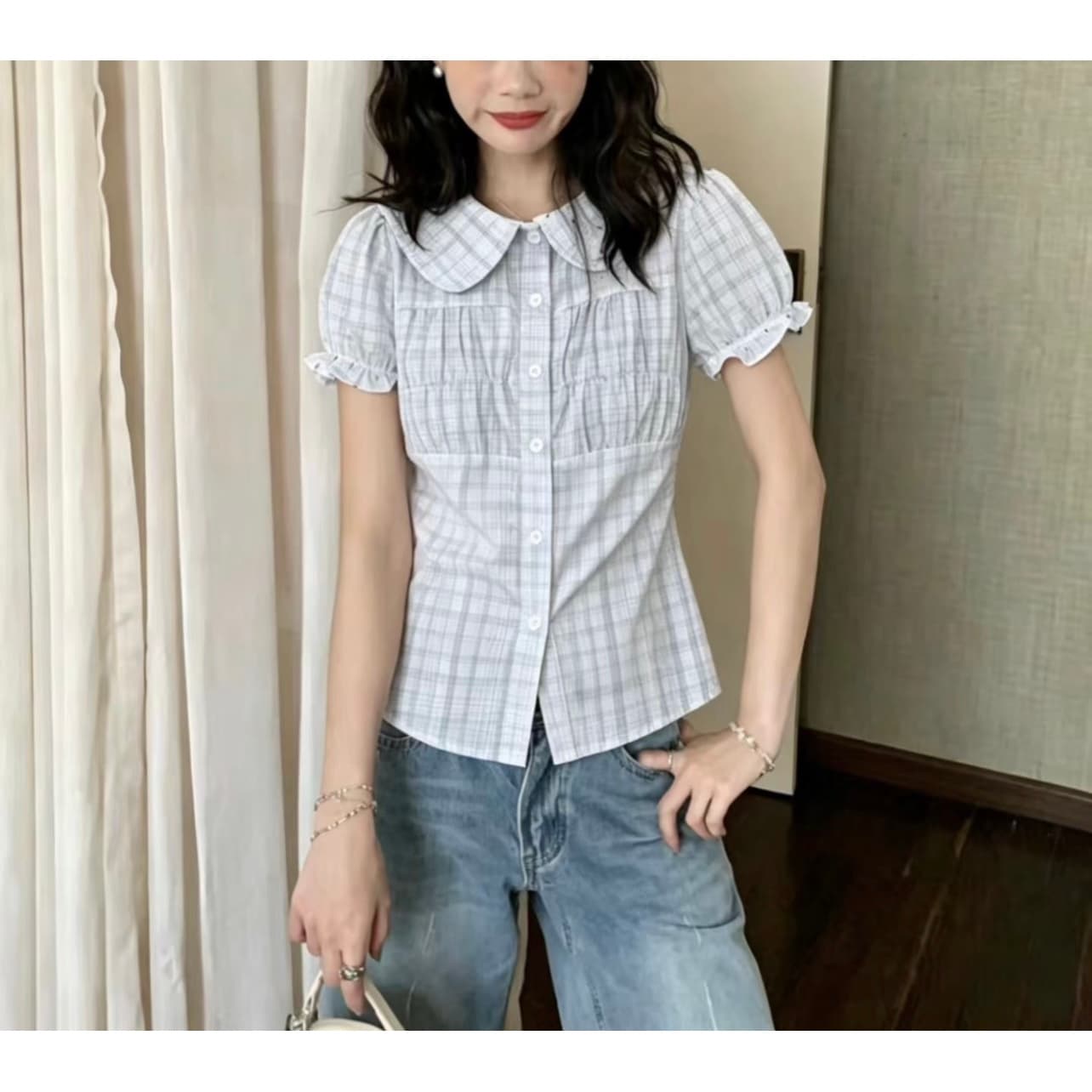 페페 홈 한 부서 폴로 칼라 거품 소매 도트 무늬 여성 셔츠 여름 디자인 센스 반팔 품격 슬림해 보이는 화이트 맨위 이미지 5
