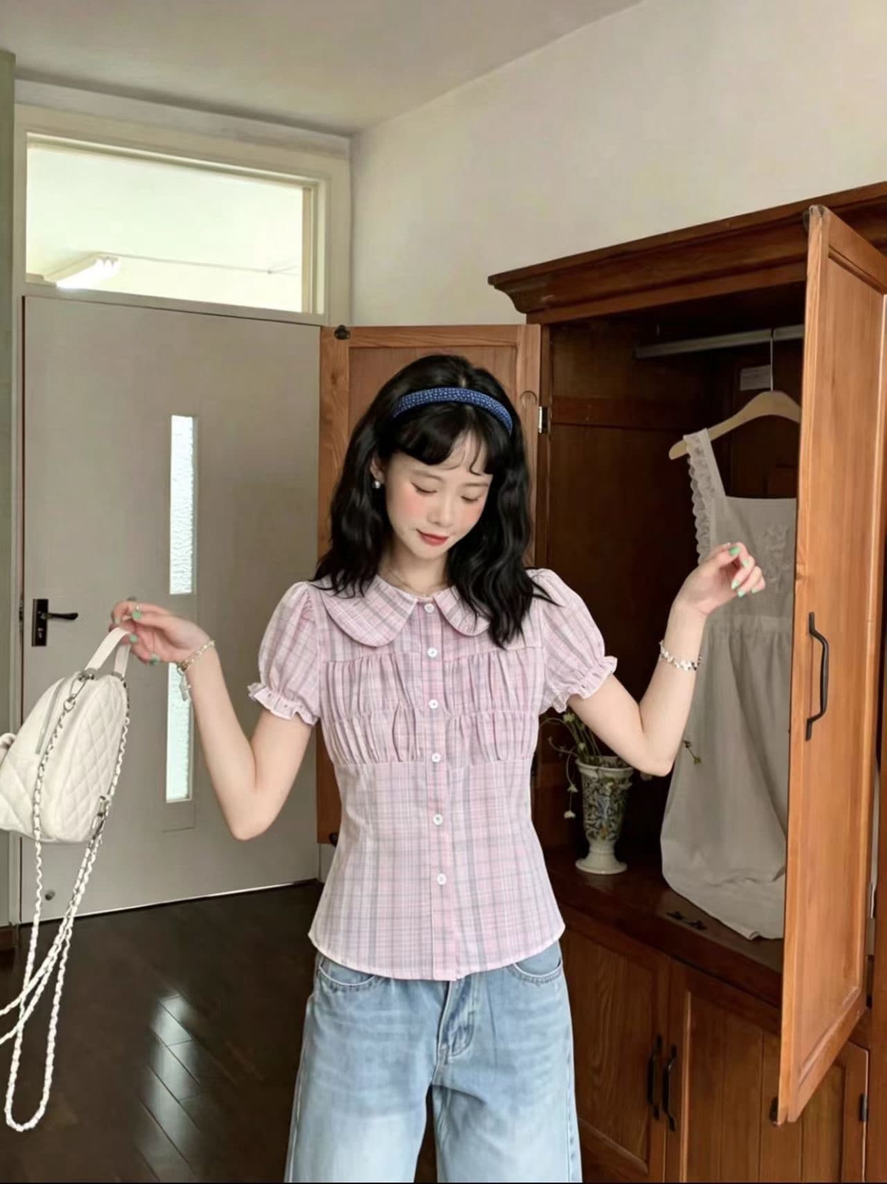 페페 홈 한 부서 폴로 칼라 거품 소매 도트 무늬 여성 셔츠 여름 디자인 센스 반팔 품격 슬림해 보이는 화이트 맨위 상세 이미지 4