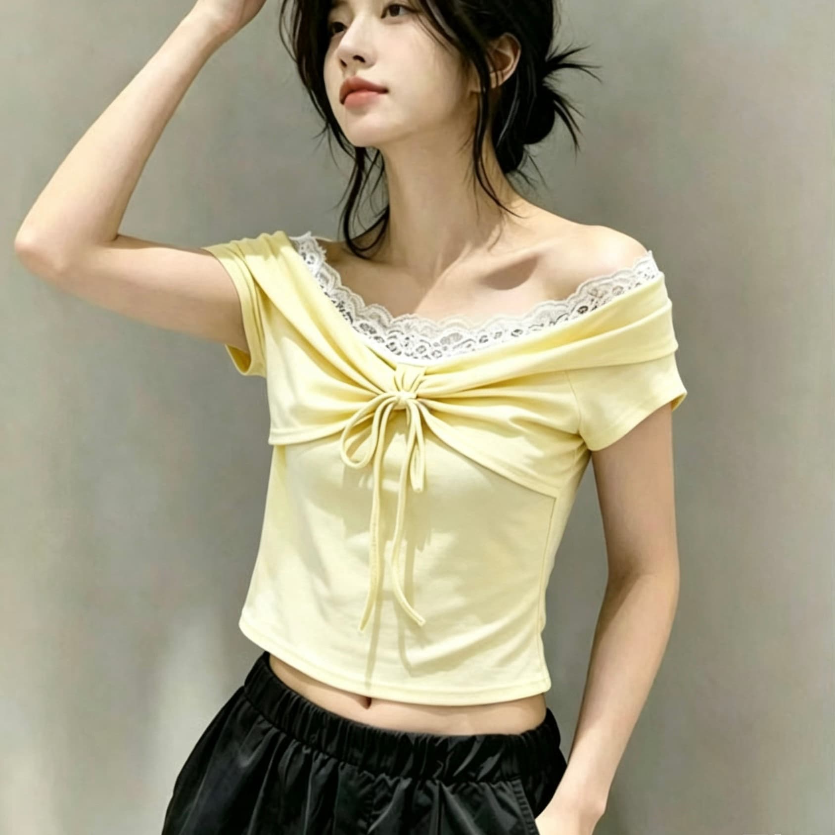 한 부서 오프숄더 반팔 티셔츠 여성 2026 여름 새로운 레이스 측면 레이스업 수신 Pleat 맨위 이미지 4