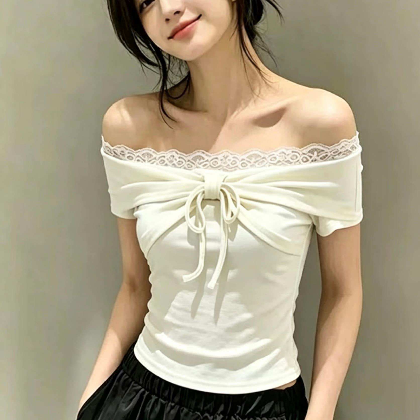 한 부서 오프숄더 반팔 티셔츠 여성 2026 여름 새로운 레이스 측면 레이스업 수신 Pleat 맨위 상세 이미지 1