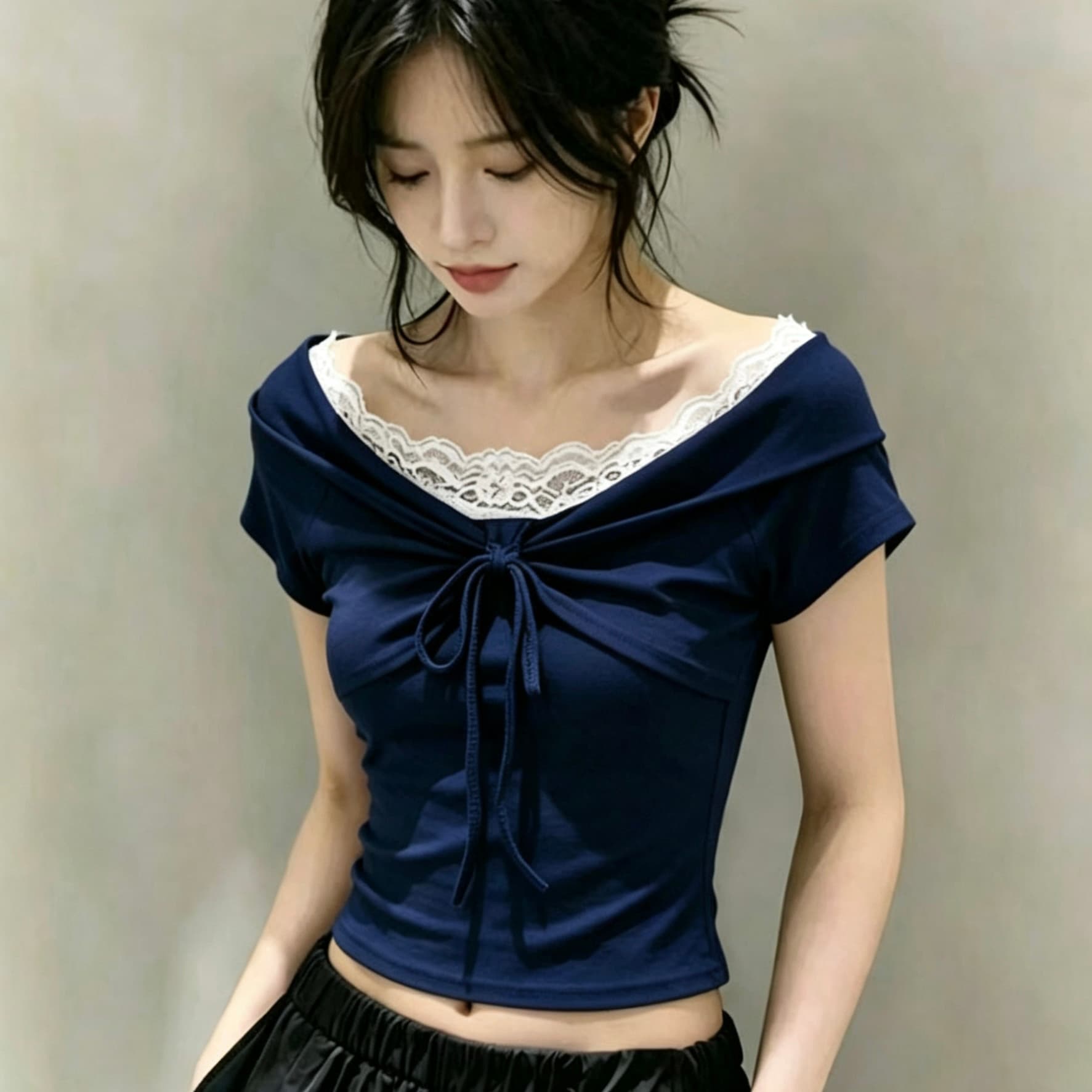 한 부서 오프숄더 반팔 티셔츠 여성 2026 여름 새로운 레이스 측면 레이스업 수신 Pleat 맨위 상세 이미지 4