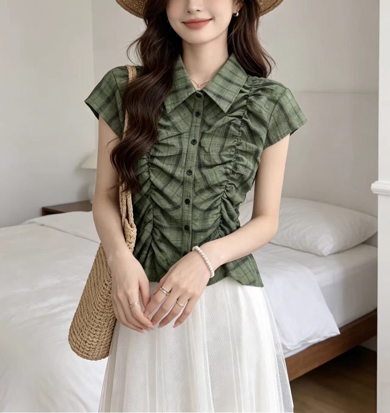 일본식 레트로 체크무늬 여성 셔츠 한국 chic 여름 허리 수축 싱글 줄 버튼 Chic 품격 맨위 슬림해 보이는 셔츠 이미지 2