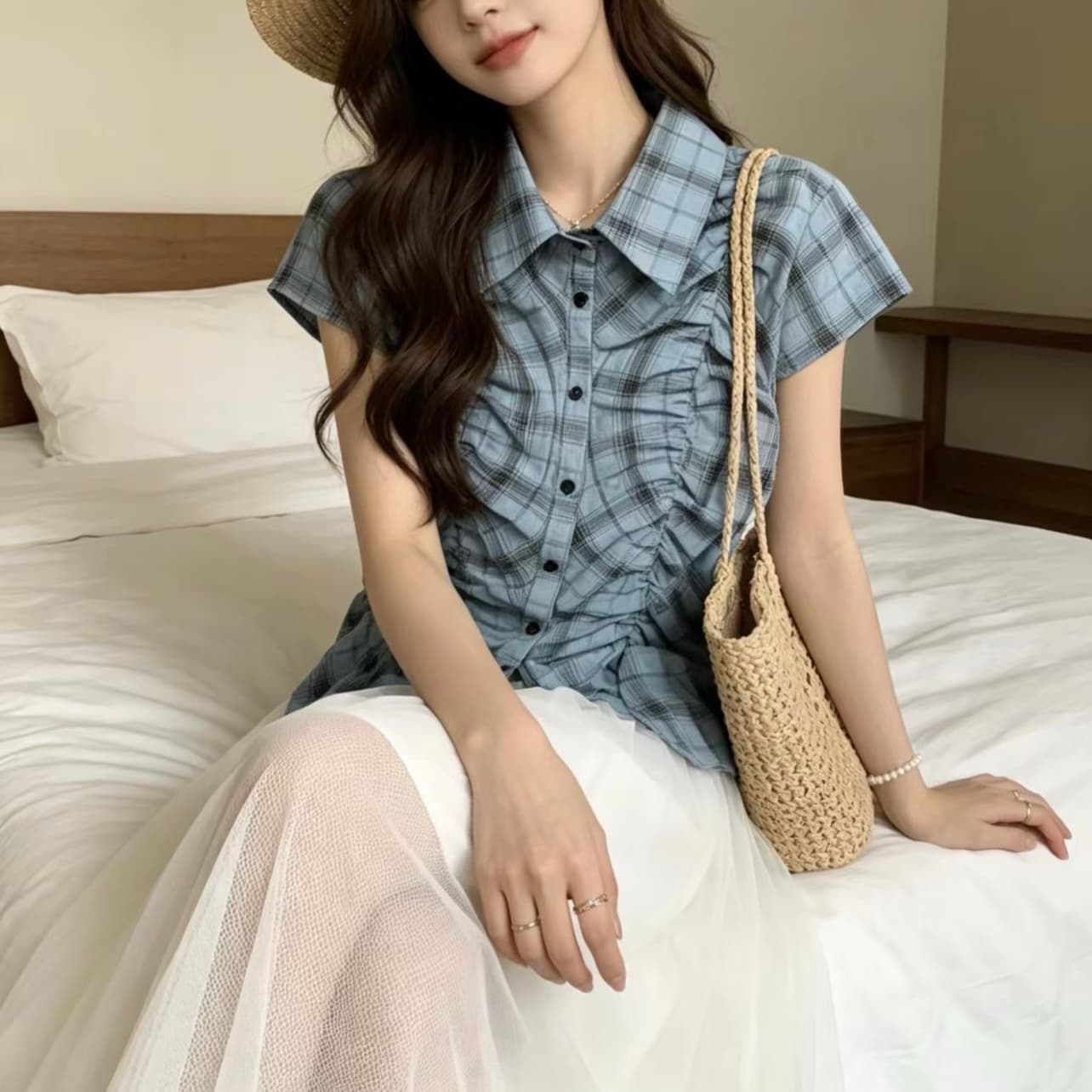 일본식 레트로 체크무늬 여성 셔츠 한국 chic 여름 허리 수축 싱글 줄 버튼 Chic 품격 맨위 슬림해 보이는 셔츠 상세 이미지 2