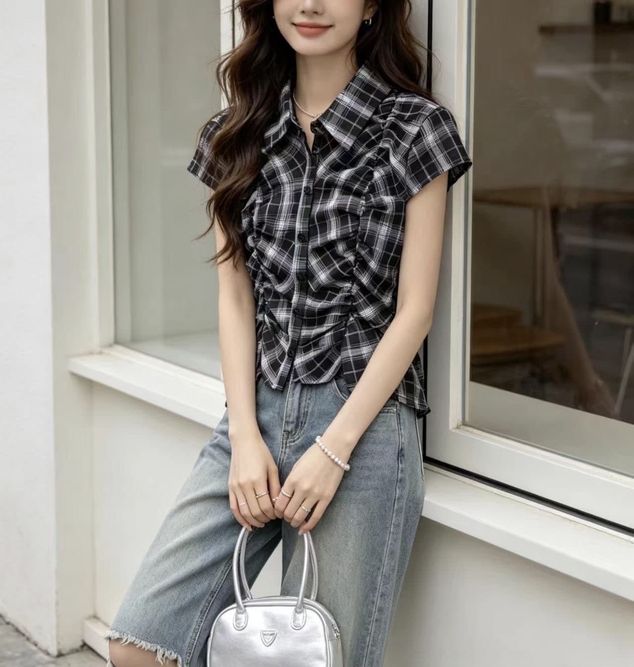 일본식 레트로 체크무늬 여성 셔츠 한국 chic 여름 허리 수축 싱글 줄 버튼 Chic 품격 맨위 슬림해 보이는 셔츠 상세 이미지 5
