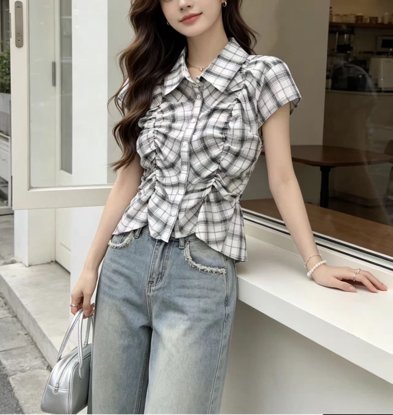 일본식 레트로 체크무늬 여성 셔츠 한국 chic 여름 허리 수축 싱글 줄 버튼 Chic 품격 맨위 슬림해 보이는 셔츠 상세 이미지 7