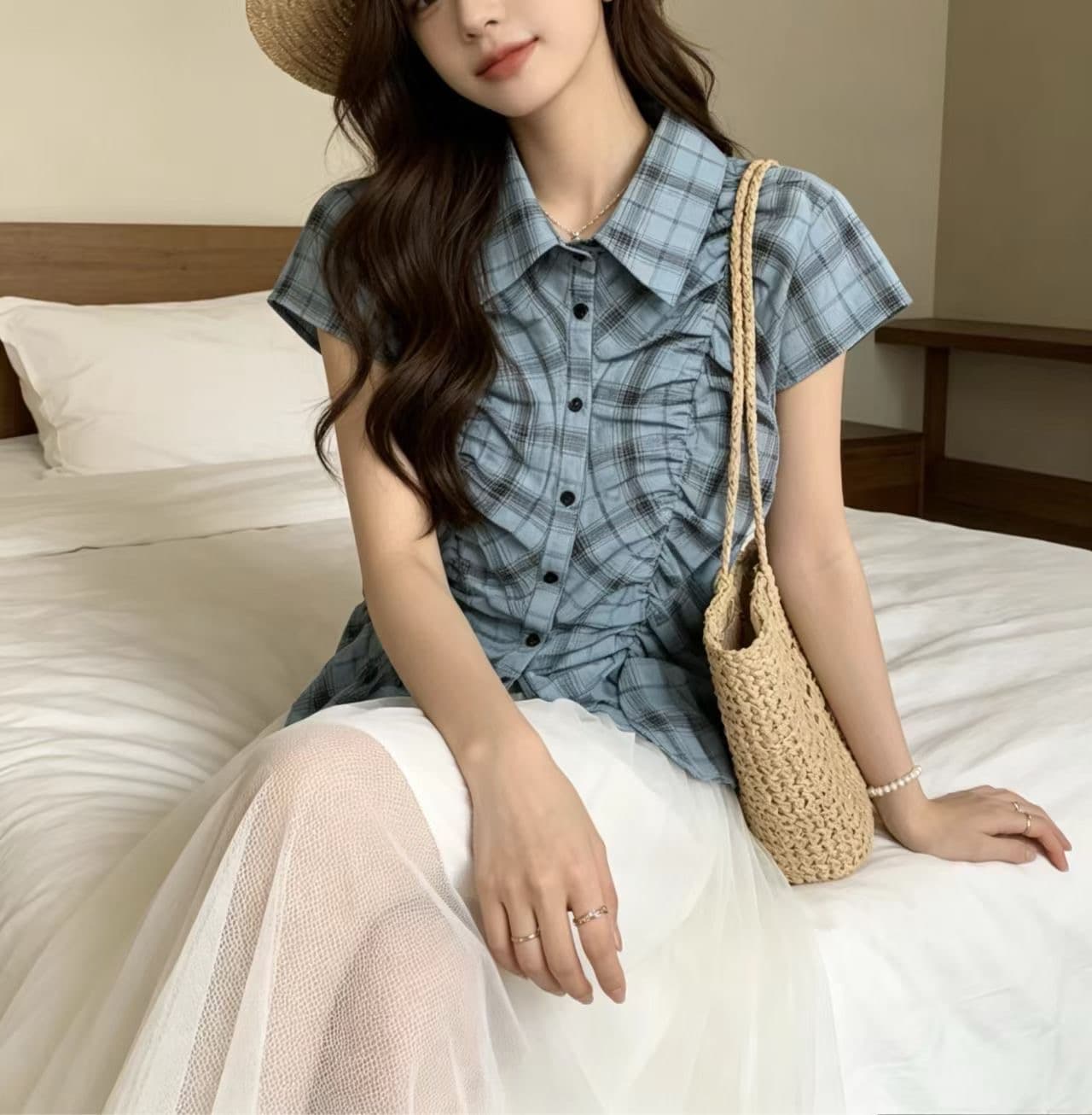 일본식 레트로 체크무늬 여성 셔츠 한국 chic 여름 허리 수축 싱글 줄 버튼 Chic 품격 맨위 슬림해 보이는 셔츠 상세 이미지 8