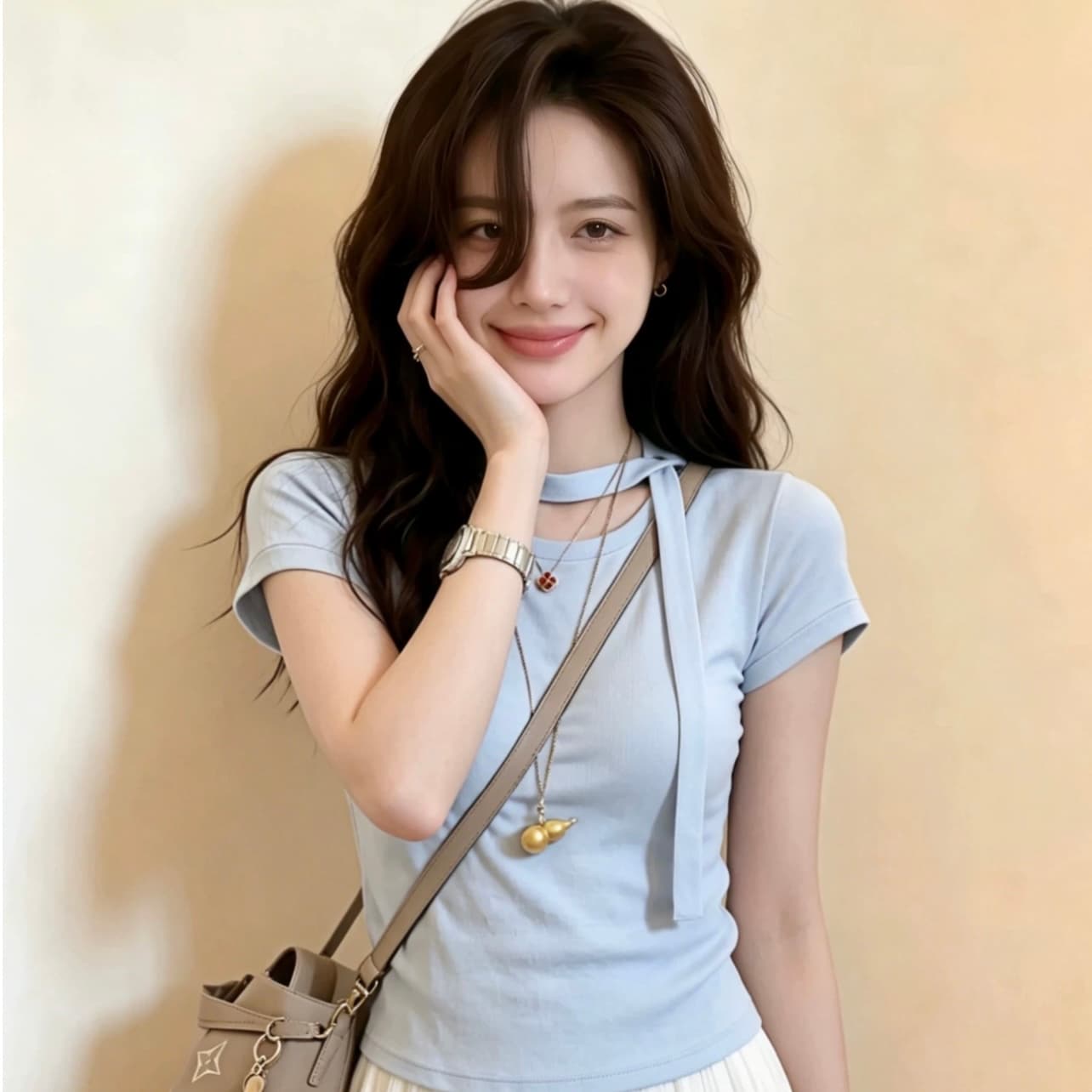 파란색 긍정적 인 어깨 반팔 티셔츠 여성 의류 2026 새로운 폭발 여름 디자인 센스 리본 슈퍼 화재 연령 감소 맨위 서비스 이미지 5
