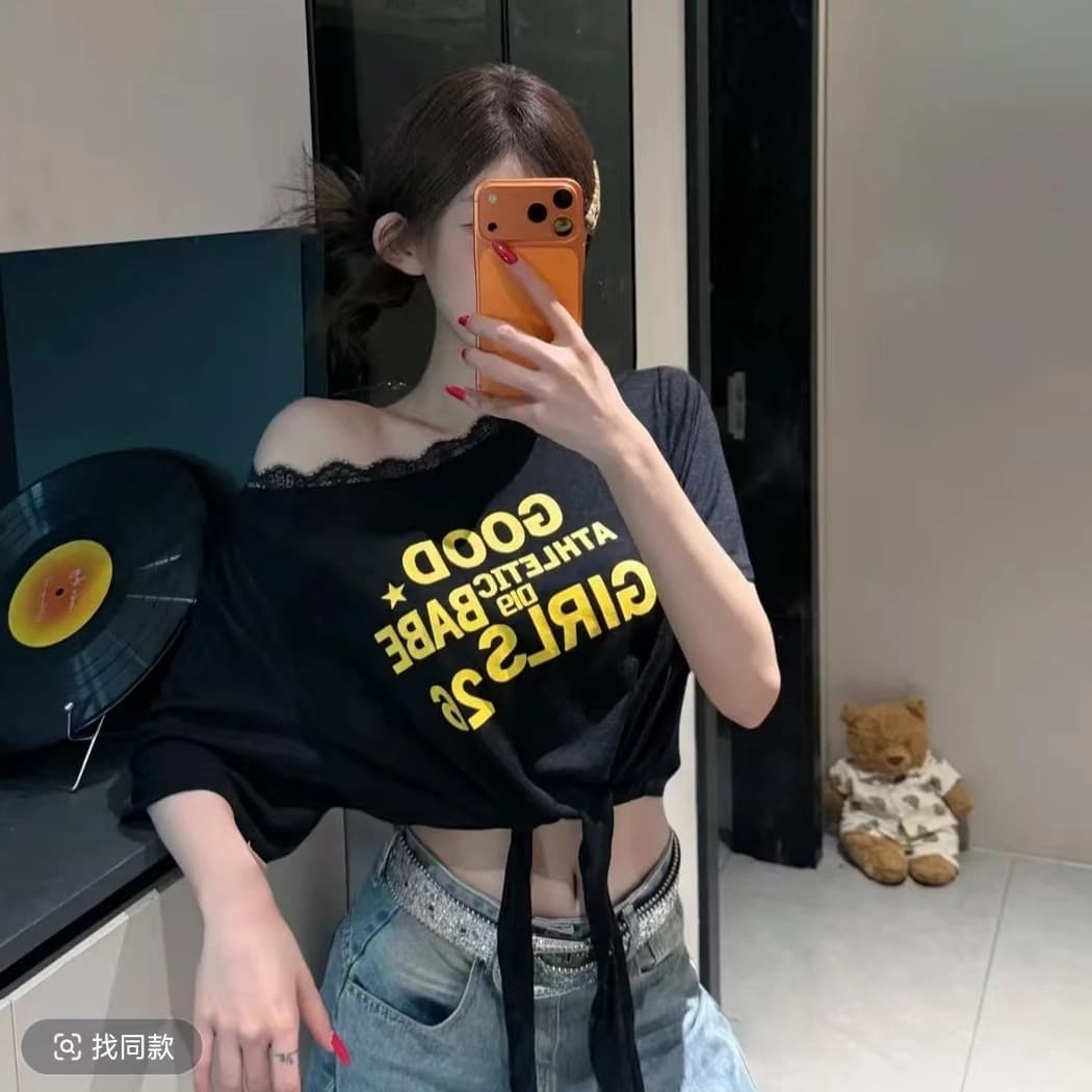 패션 캐주얼 알파벳 프린트 반팔 티셔츠 여성 여름 스트랩 디자인 루즈핏 슬림해 보이는 한 부서 자외선 차단 에어컨 맨위 상세 이미지 3