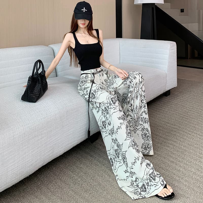 프랑스식 레트로 프린트 아마 와이드 레깅스 바지 여름 얇은 스타일 루즈핏 슬림해 보이는 느긋한 느슨함 센스 얼음 실크 스트레이트 팬츠 이미지 5