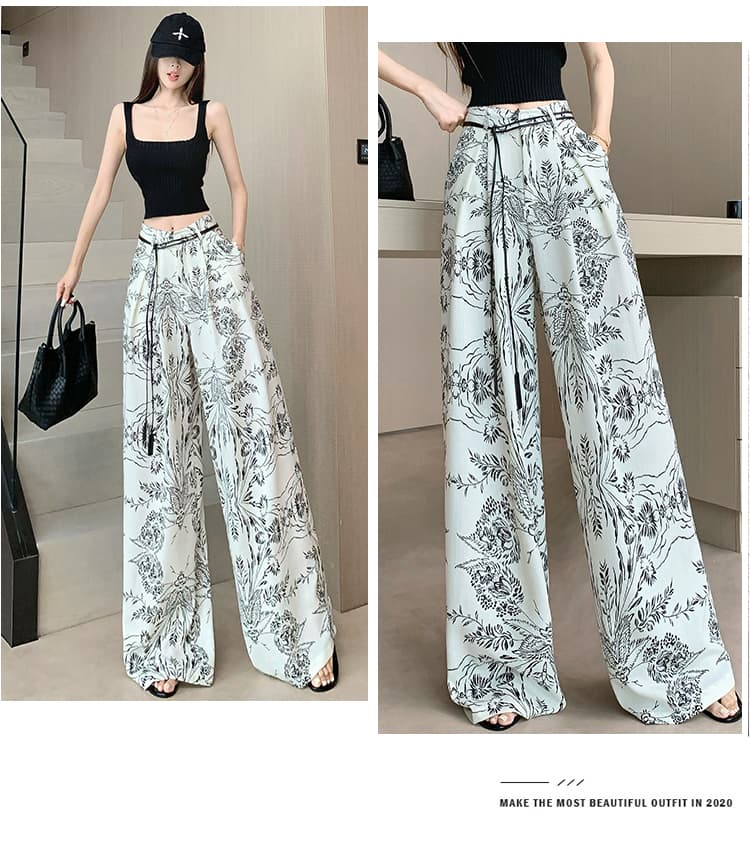 프랑스식 레트로 프린트 아마 와이드 레깅스 바지 여름 얇은 스타일 루즈핏 슬림해 보이는 느긋한 느슨함 센스 얼음 실크 스트레이트 팬츠 상세 이미지 13