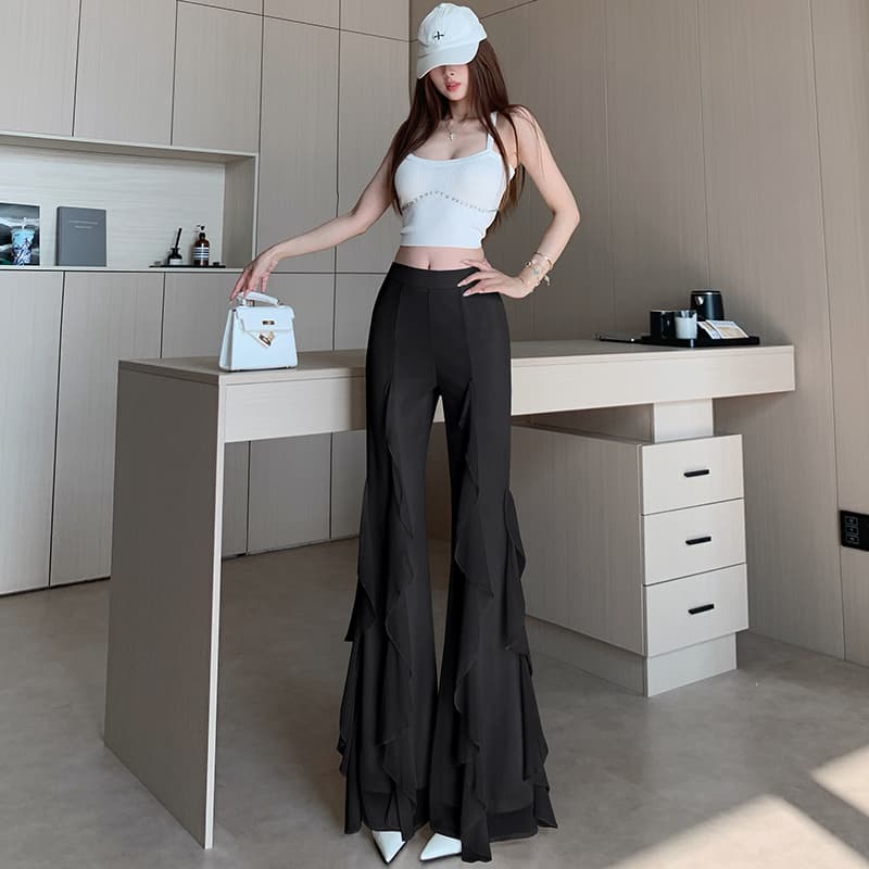 프랑스식 디자인 센스 하이웨이스트 슬림해 보이는 불규칙 프릴 패치워크 쉬폰 나팔 바지 리본 도루 가을 센스 캐주얼 바지 이미지 5
