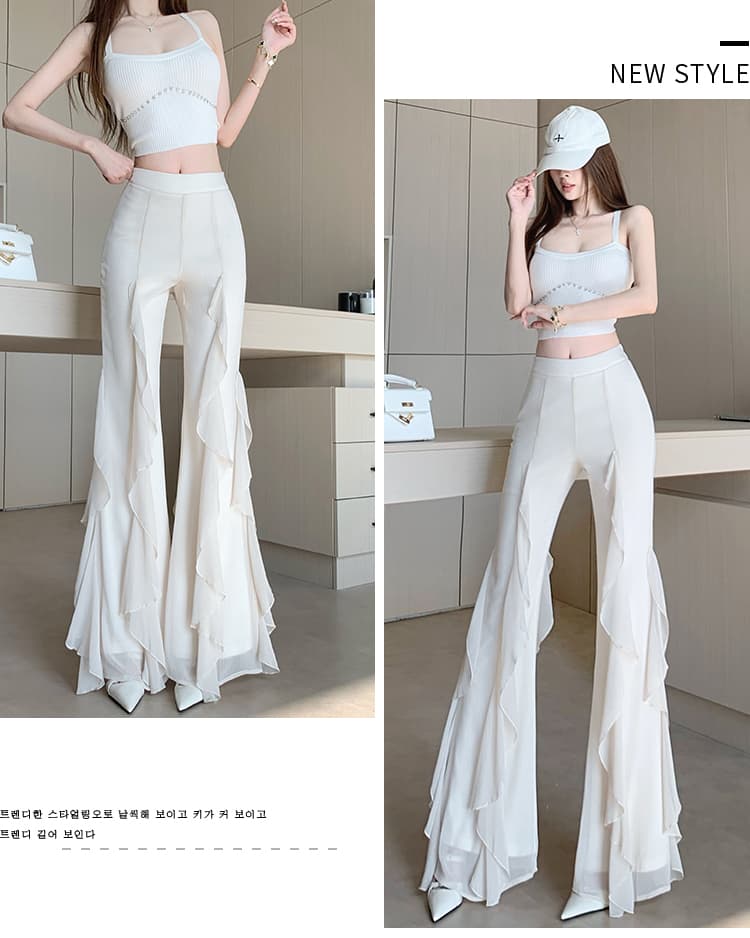 프랑스식 디자인 센스 하이웨이스트 슬림해 보이는 불규칙 프릴 패치워크 쉬폰 나팔 바지 리본 도루 가을 센스 캐주얼 바지 상세 이미지 15