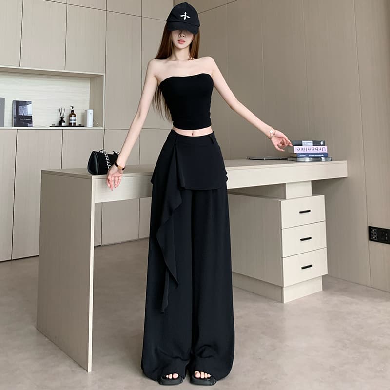 페이크 레이어드 불규칙 우아한 센스 프릴 디자인 넓은 다리 캐주얼 바지 느슨함 다용도 랩스커트팬츠 스트레이트 바닥 청소 바지 이미지 3