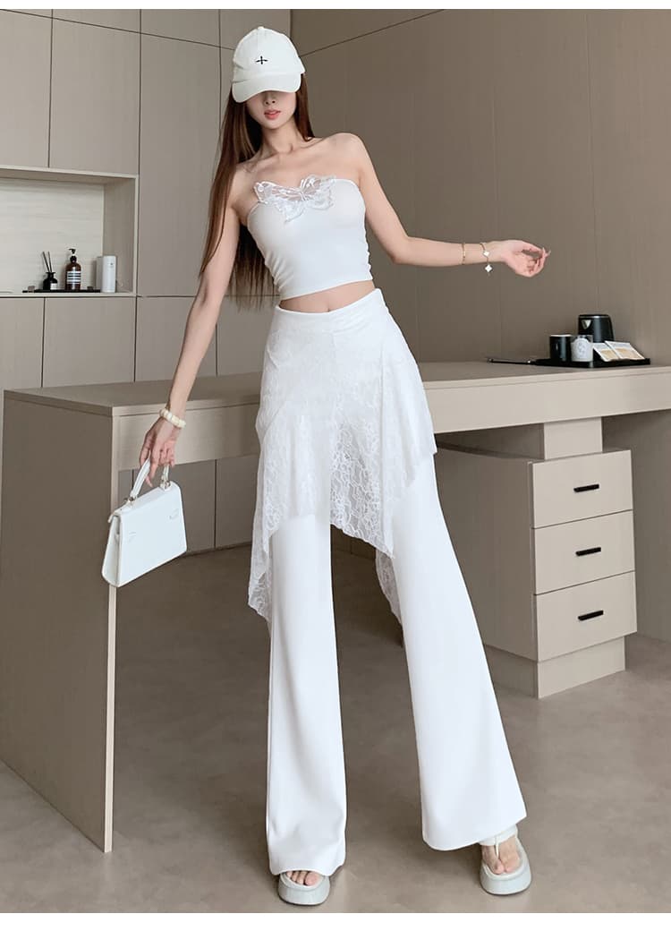 화이트 레이스 랩스커트팬츠 부츠컷 바지 여성 여름 얇은 스타일 페이크 레이어드 패치워크 하이웨이스트 슬림해 보이는 몸매 가꾸기 바닥 청소 캐주얼 바지 상세 이미지 2