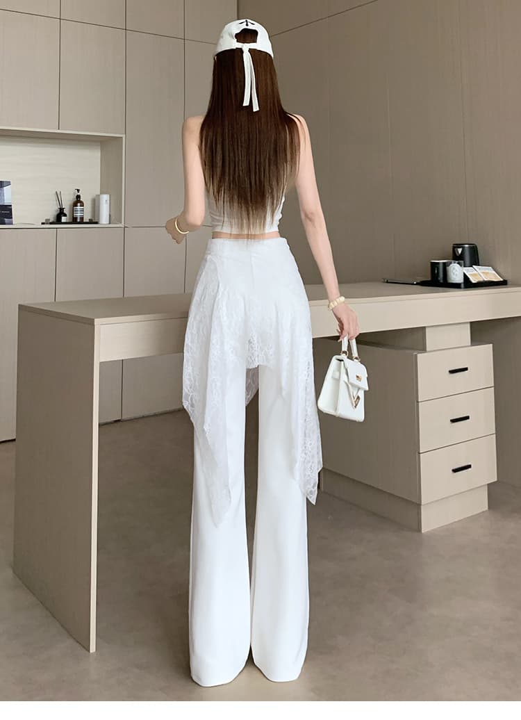 살구 색상 레이스 랩스커트팬츠 부츠컷 바지 여성 여름 얇은 스타일 페이크 레이어드 패치워크 하이웨이스트 슬림해 보이는 몸매 가꾸기 바닥 청소 캐주얼 바지 상세 이미지 4