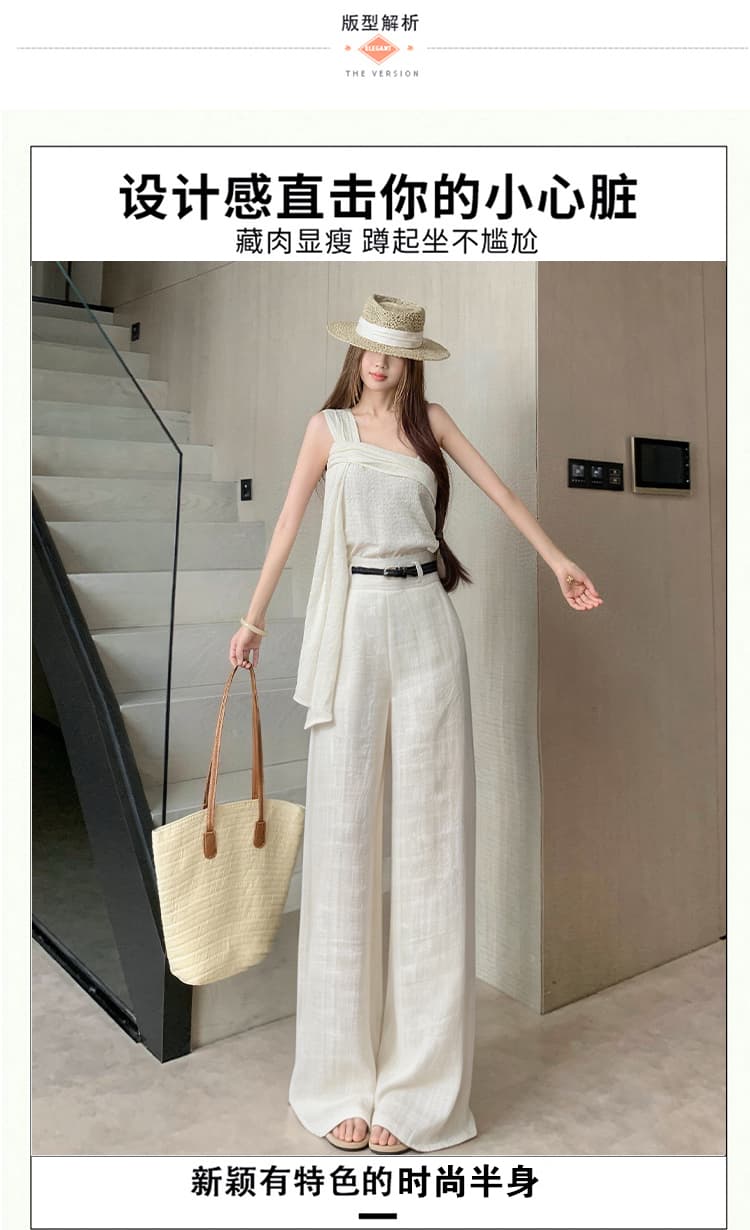 오래된 돈 바람 자카드 체크무늬 숄더백 캐미솔 민소매 맨위 여성 여름 하이웨이스트 스트레이트 와이드 레그 팬츠 투피스 세트 상세 이미지 3