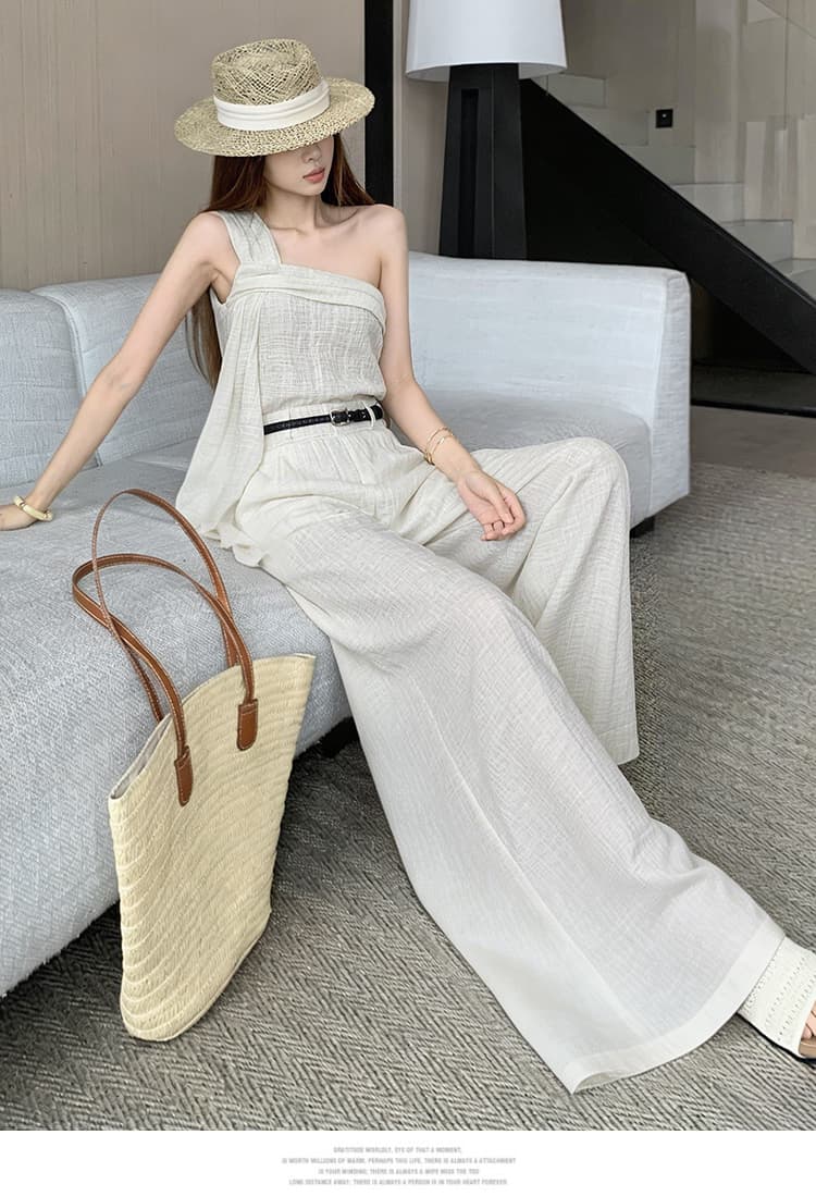 오래된 돈 바람 자카드 체크무늬 숄더백 캐미솔 민소매 맨위 여성 여름 하이웨이스트 스트레이트 와이드 레그 팬츠 투피스 세트 상세 이미지 18