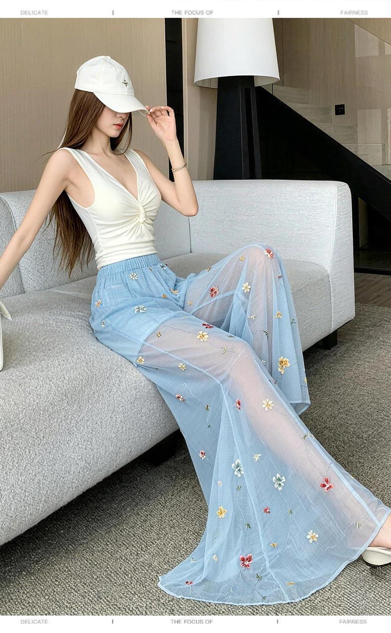 얇은 스타일 통기성 홀치기 염색 캐주얼 바지 아이들 휴가 캐주얼 여름 새로운 루즈핏 고급 센스 자수 넓은 다리 길이 바지 상세 이미지 19