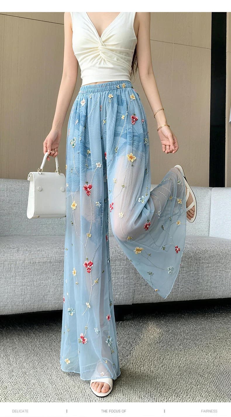 얇은 스타일 통기성 홀치기 염색 캐주얼 바지 아이들 휴가 캐주얼 여름 새로운 루즈핏 고급 센스 자수 넓은 다리 길이 바지 상세 이미지 20