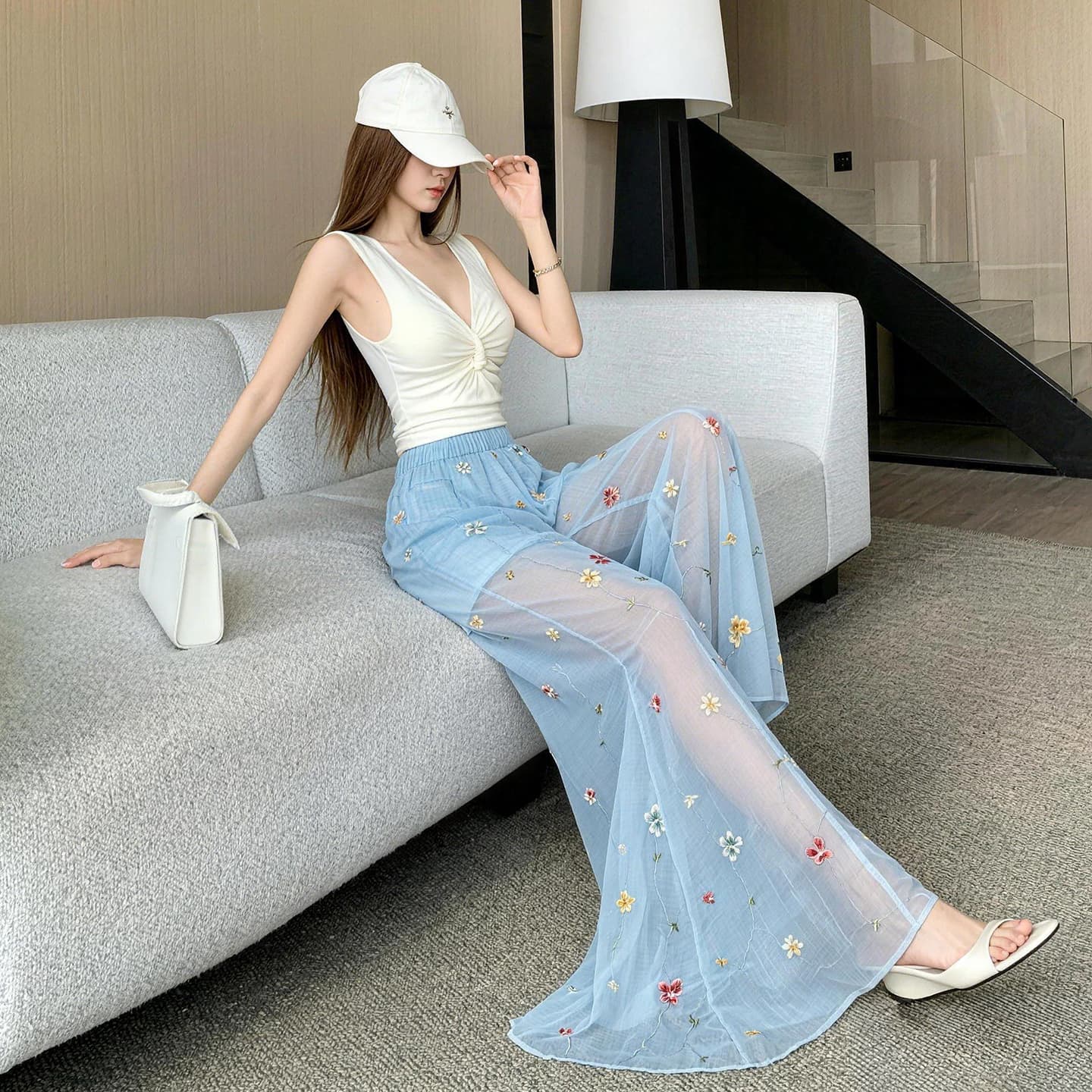 얇은 스타일 통기성 홀치기 염색 캐주얼 바지 아이들 휴가 캐주얼 여름 새로운 루즈핏 고급 센스 자수 넓은 다리 길이 바지 이미지 5