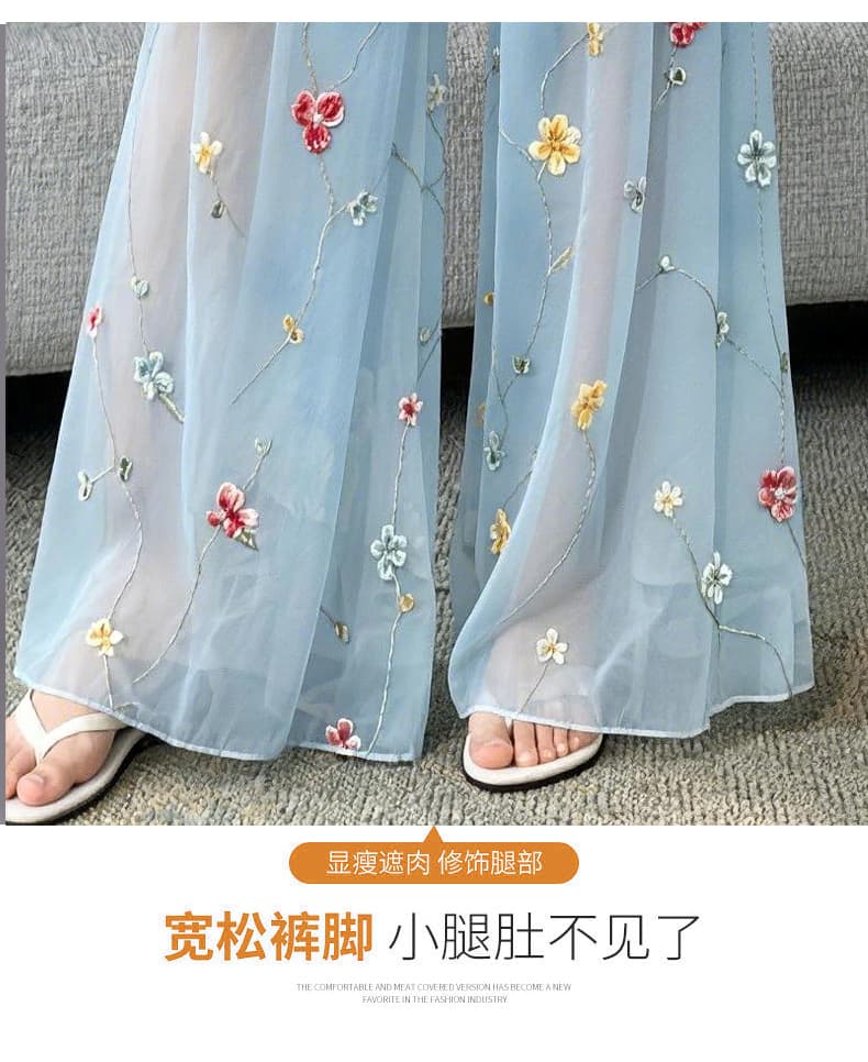 얇은 스타일 통기성 홀치기 염색 캐주얼 바지 아이들 휴가 캐주얼 여름 새로운 루즈핏 고급 센스 자수 넓은 다리 길이 바지 상세 이미지 9
