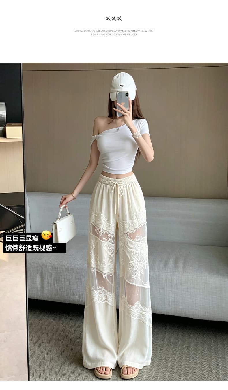여름 새로운 무거운 작업 레이스 조각 홀로우 아웃 디자인 센스 와이드 레그 팬츠 느긋한 바람 루즈핏 슬림해 보이는 스트레이트 팬츠 여성 상세 이미지 10
