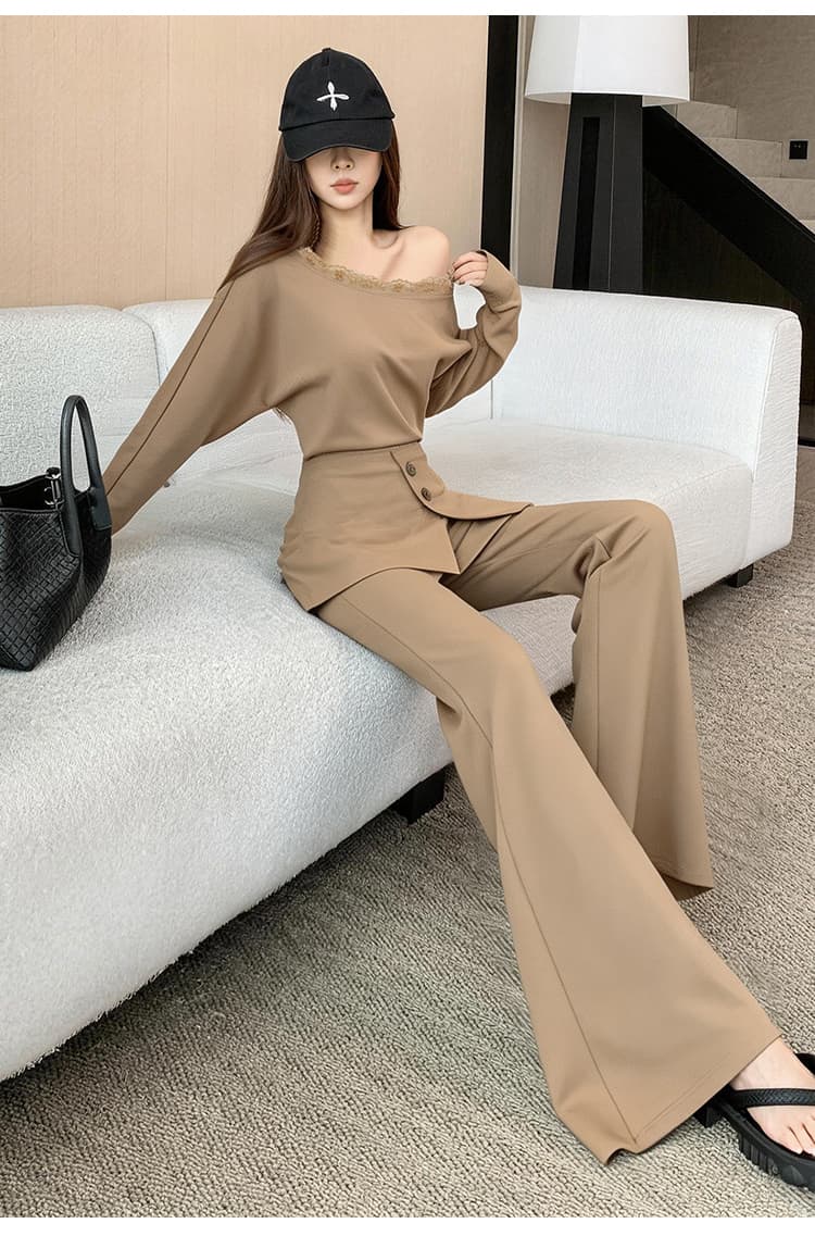 새로운 패션 캐주얼 레이스 조각 비스듬한 어깨 후드티 여성 정장 방귀 심지어 슬림해 보이는 표지 넓적 다리 부츠컷 긴 바지 투피스 세트 상세 이미지 17