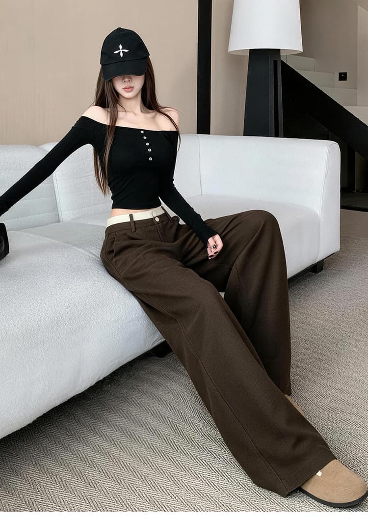 한 부서 가을 새로운 하이웨이스트 슬림해 보이는 패치워크 색상 넓은 다리 캐주얼 바지 여성 커피 색상 도루 센스 바닥 청소 모통이 칼 바지 긴 바지 상세 이미지 14