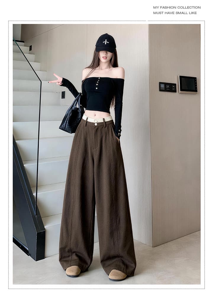 한 부서 가을 새로운 하이웨이스트 슬림해 보이는 패치워크 색상 넓은 다리 캐주얼 바지 여성 커피 색상 도루 센스 바닥 청소 모통이 칼 바지 긴 바지 상세 이미지 16