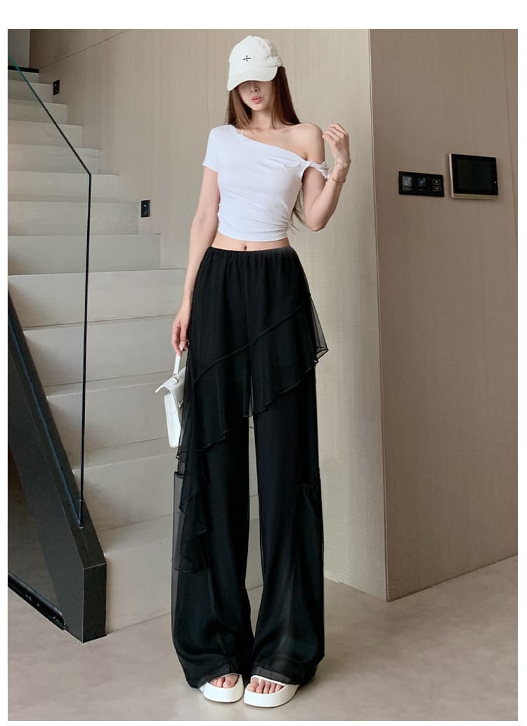 새로운 불규칙 망사 프릴 패치워크 슬림해 보이는 넓은 다리 워크웨어 팬츠 여성 다용도 단색 하이웨이스트 캐주얼 긴 바지 상세 이미지 14