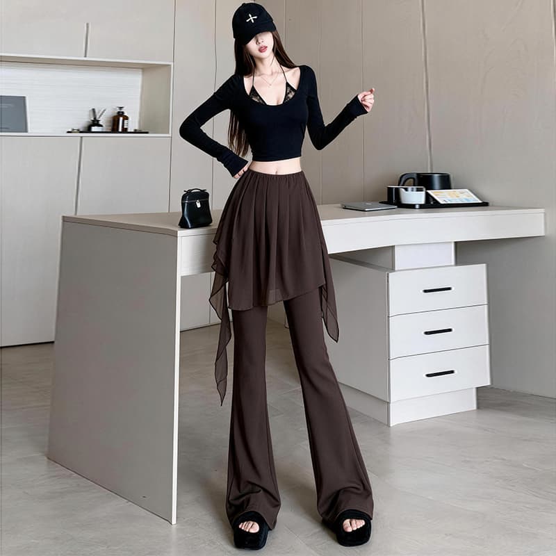 쉬폰 주름 패치워크 방귀 커튼 페이크 레이어드 부츠컷 바지 여성 새로운 다용도 몸매 가꾸기 신축성 하이웨이스트 슬림해 보이는 나팔 바지 이미지 3